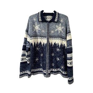 VTG Stitches In Time Womens L Blue White Granny Sweater Beaded Snowflake Holiday